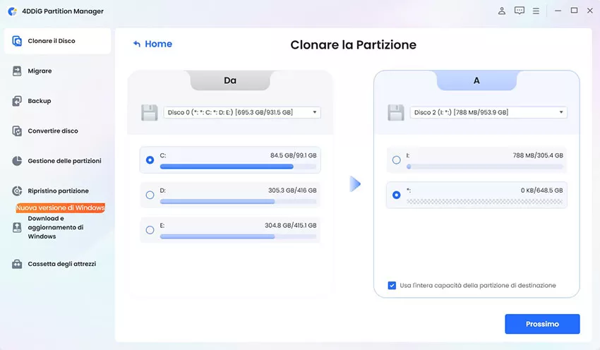 Seleziona una partizione sorgente da cui desideri clonare e una partizione di destinazione.