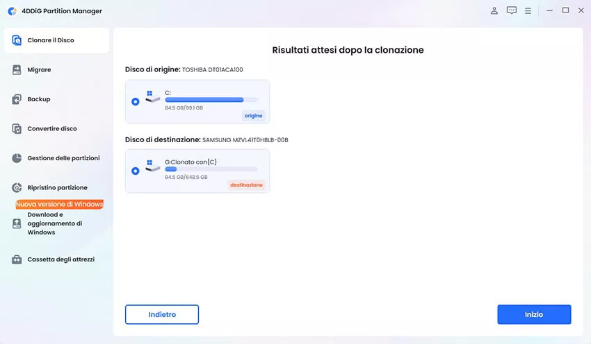 anteprima della partizione clonata