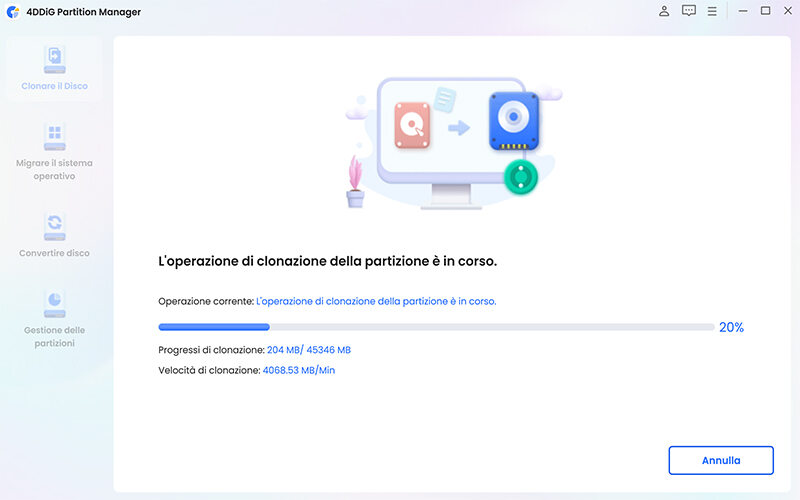 Attendere il completamento della clonazione della partizione