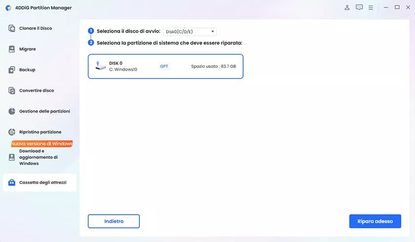 seleziona disco di avvio