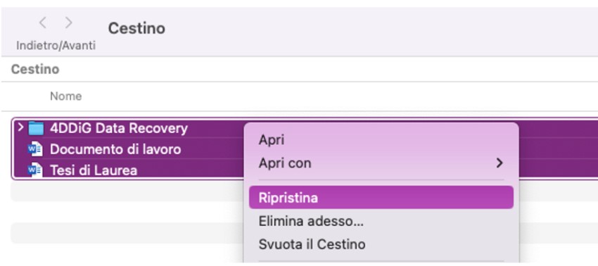 Clicca tasto destro e “Ripristina