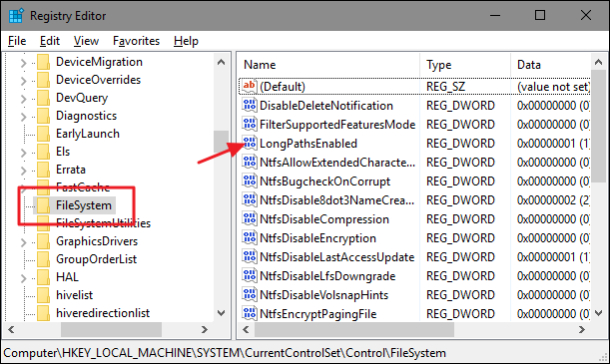 Locate the LongPathsEnabled to fix error 0x80010135