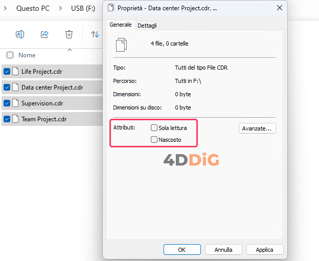 Assicurati che file e cartelle non siano in solo lettura