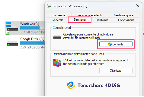 Controlla gli errori del disco