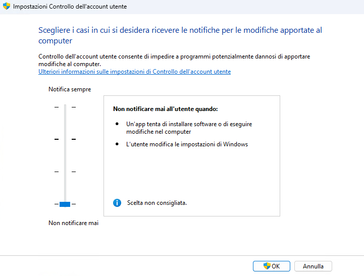 Disabilitare il Controllo dell'account utente