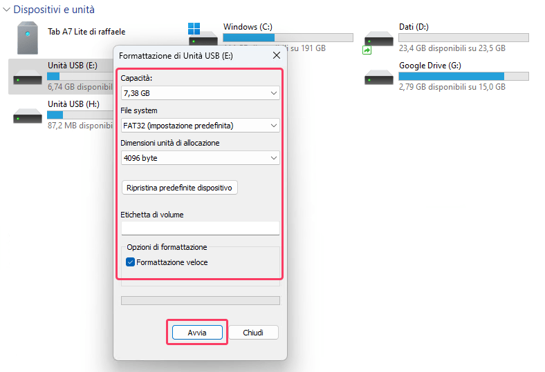 Formatta l’unità esterna