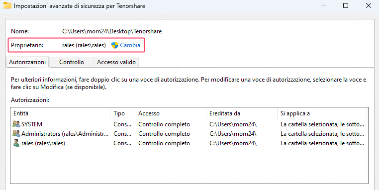 Modificare la proprietà del file o della cartella
