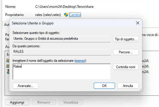 Modificare la proprietà del file o della cartella