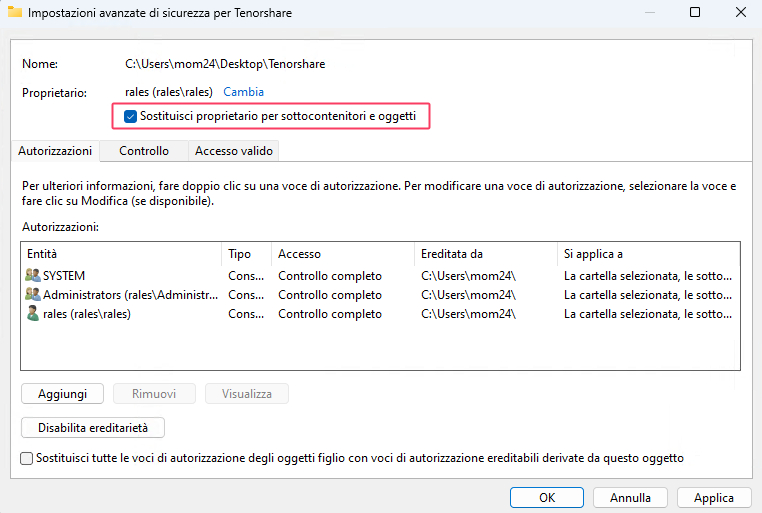 Modificare la proprietà del file o della cartella