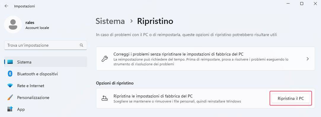 ripristino impostazioni di fabbrica windows 11