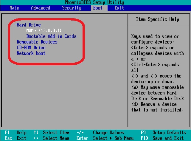 BIOS画面のBoot優先順位設定画面