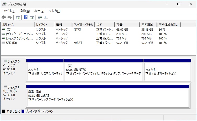 ディスクの管理ツールを使ってSSD容量を確認