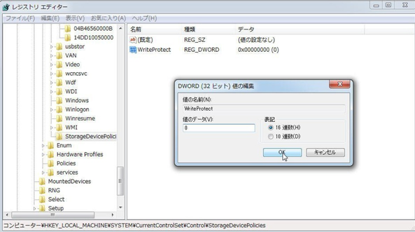 「WriteProtect」をダブルクリック