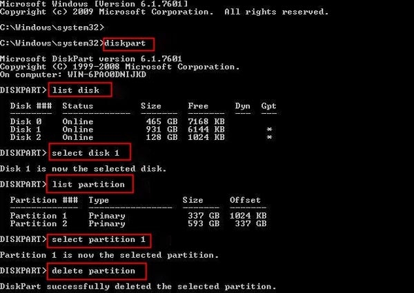 パーティション削除のコマンド