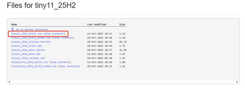 Télécharger le fichier ISO de Tiny11 25H2