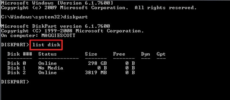 「list disk」と入力