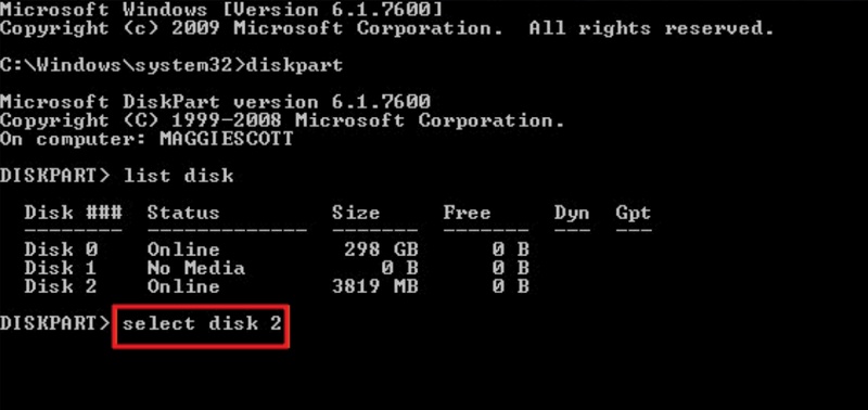 select disk + 対象のSSDの番号を入力