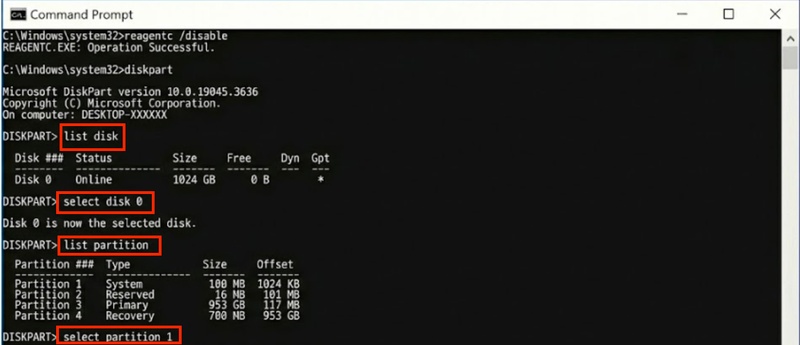 ディスクとパーティションを選択するためのコマンドを入力