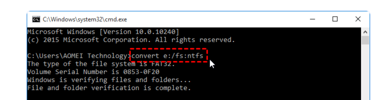 「convert e: /fs:NTFS」と入力
