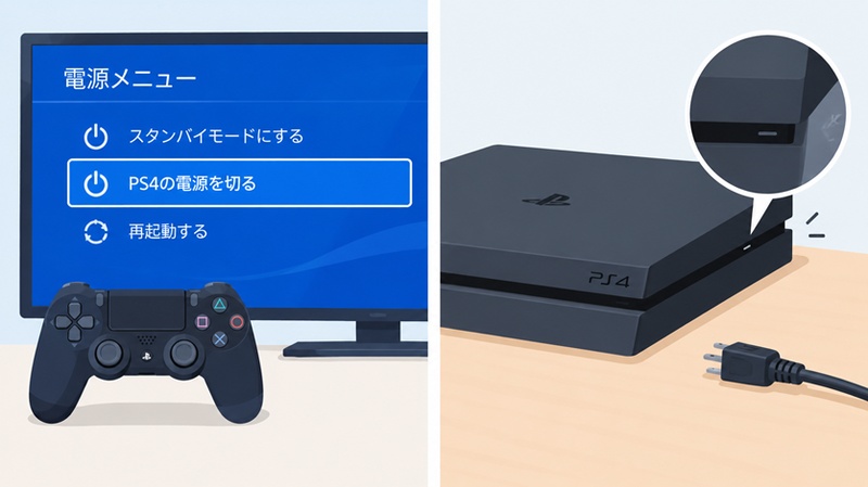 PS4の電源オフ画面と消灯したランプ