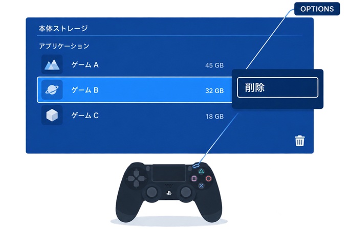 PS4の不要なゲームを削除する画面