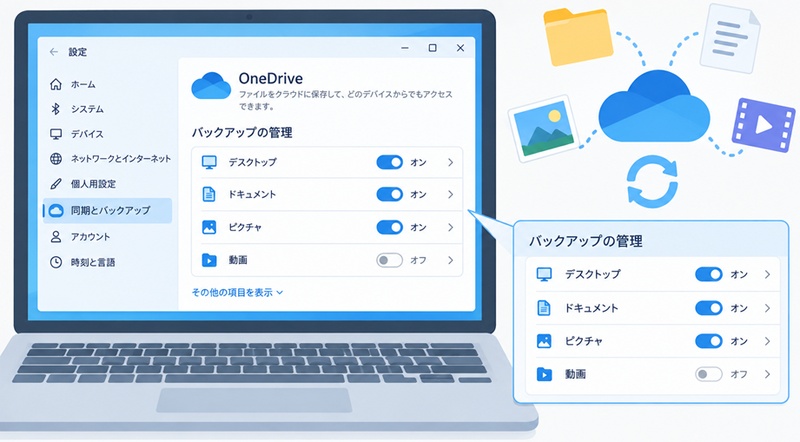 OneDriveでバックアップ対象を設定する画面