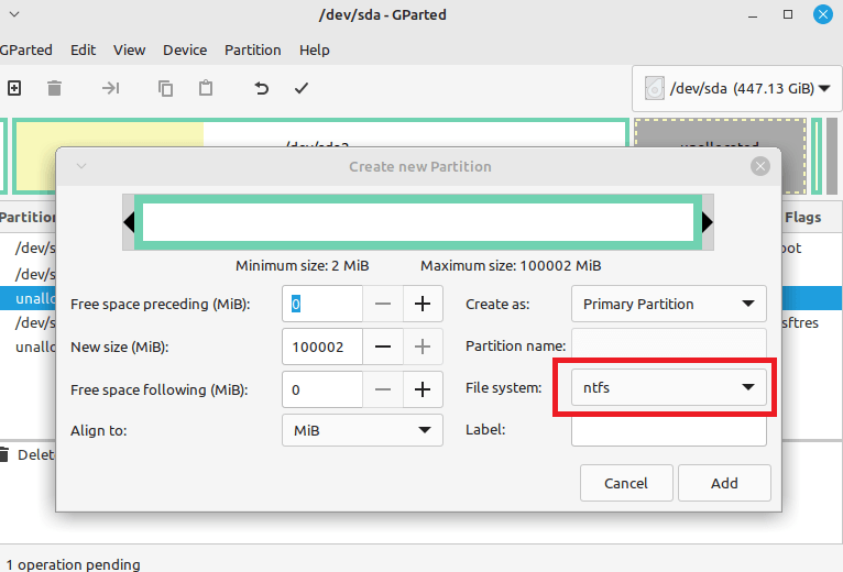 미할당 파티션 선택