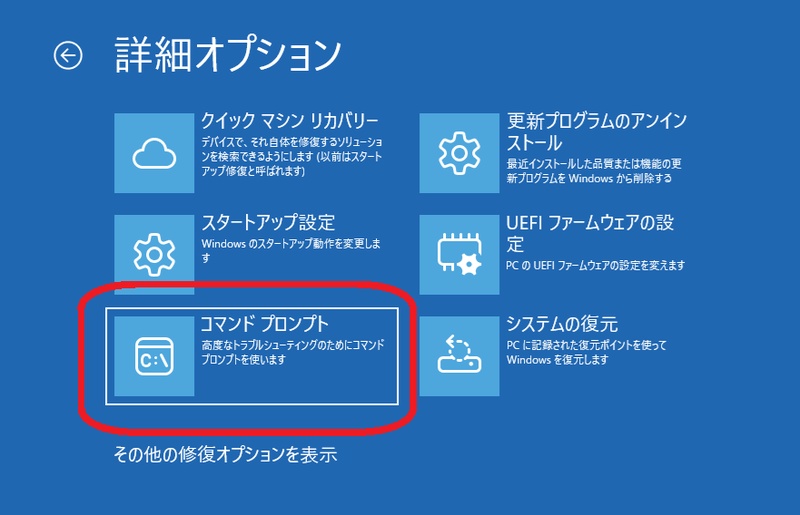 Windowsの詳細オプション画面でコマンドプロンプトを選択している