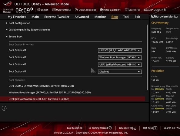 Secure Boot 無効 (Disabled) に設定