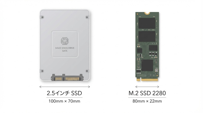 2.5インチSSDとM.2 SSDのサイズ比較