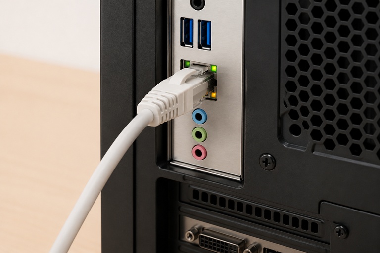 PCのLANポートにケーブルを接続した状態