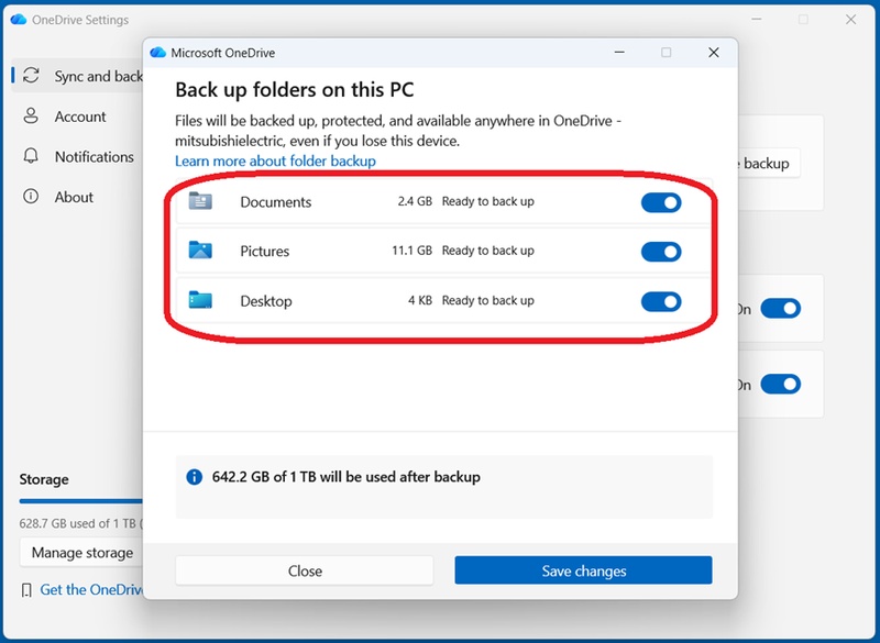Windows11のOneDriveバックアップ設定画面