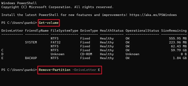 Windows PowerShellでパーティションを削除