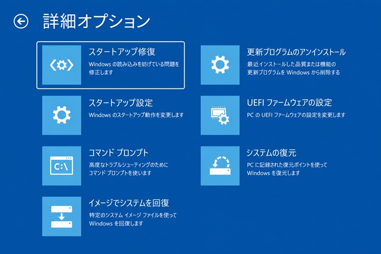 Windowsの詳細オプションでスタートアップ修復を選択している画面
