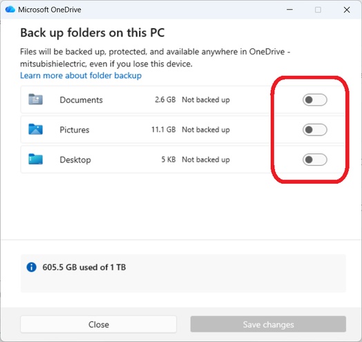 OneDriveでWindowsの主要フォルダーを同期する設定画面
