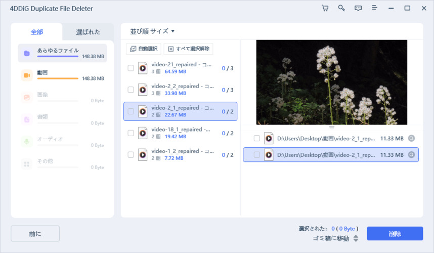 重複動画をプレビューして削除