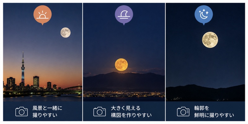 月を撮影する時間帯の違いを比較する