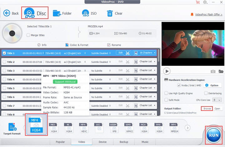 「RUN」をクリックしてDVDからMP4への変換を開始する