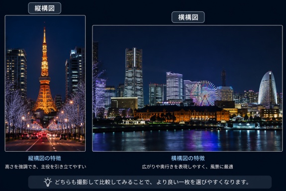 夜景撮影で縦構図と横構図を比較した構図例