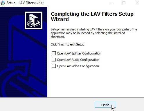 FinishをクリックしてLAV Filtersのインストールを完了する画面