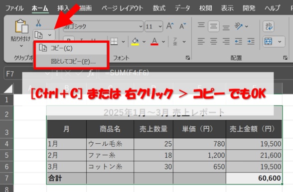 CtrlキーとCキーを押して選択した内容をコピーする操作