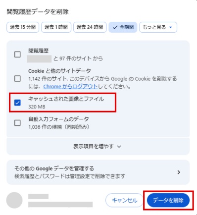 「キャッシュされた画像とファイル」にチェックを入れ「データを削除」をクリックする