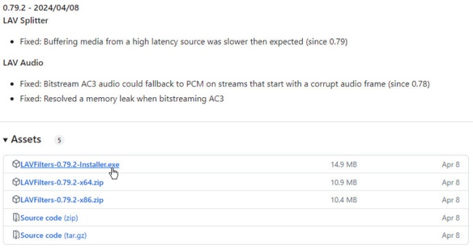 LAVFiltersインストーラーをダウンロードする画面