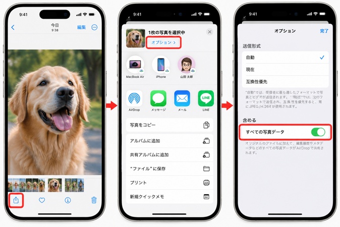 「共有」から「オプション」を開き、「すべての写真データ」をオンにする