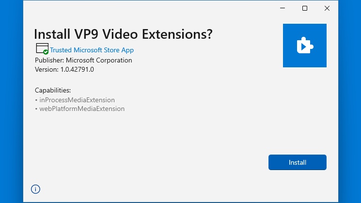 VP9ビデオ拡張機能の「インストール」をクリックする