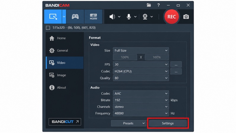 Bandicamの「ビデオ」から「フォーマット」の「設定」を開く