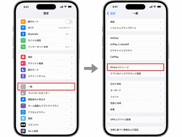 「設定」→「一般」→「iPhoneストレージ」を開く