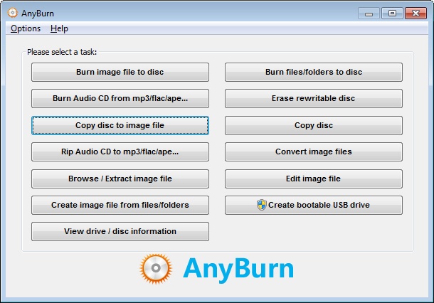 AnyBurnを起動し「Copy disc to image file」を選択する