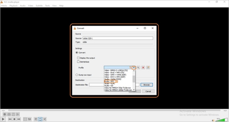 変換の設定を行い出力形式としてMP3を選択します