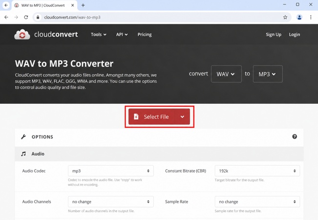 CloudConvertで「Select File」をクリックしてWAVファイルを追加する